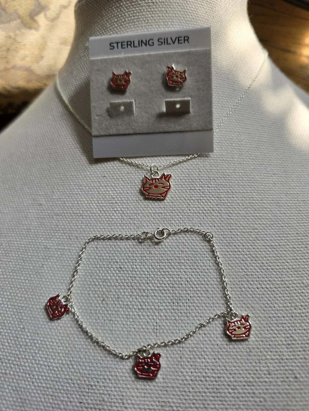 Sterling Cat Jewelry Set , Necklace, Bracelet Earrings